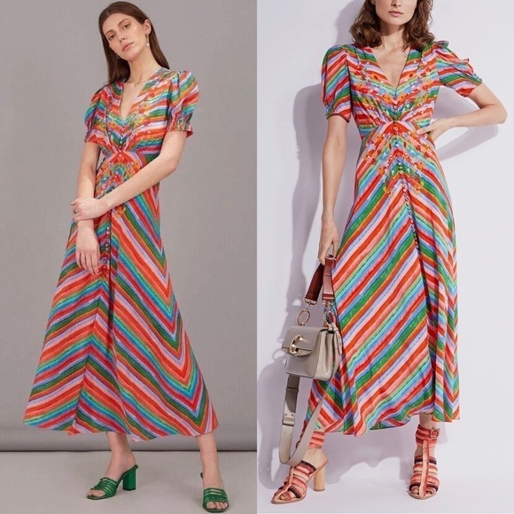 SALONI Silk Rainbow Floral Stripe‎ Puffed Short Sleeve Button Front Midi Dress 4 - Picture 11 of 16